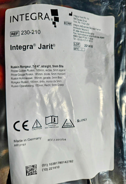 1 NEW RUSKIN RONGEUR 7-1/4 (185mm) STRAIGHT 5mm BITE DOUBLE ACTION INTEGRA JARIT