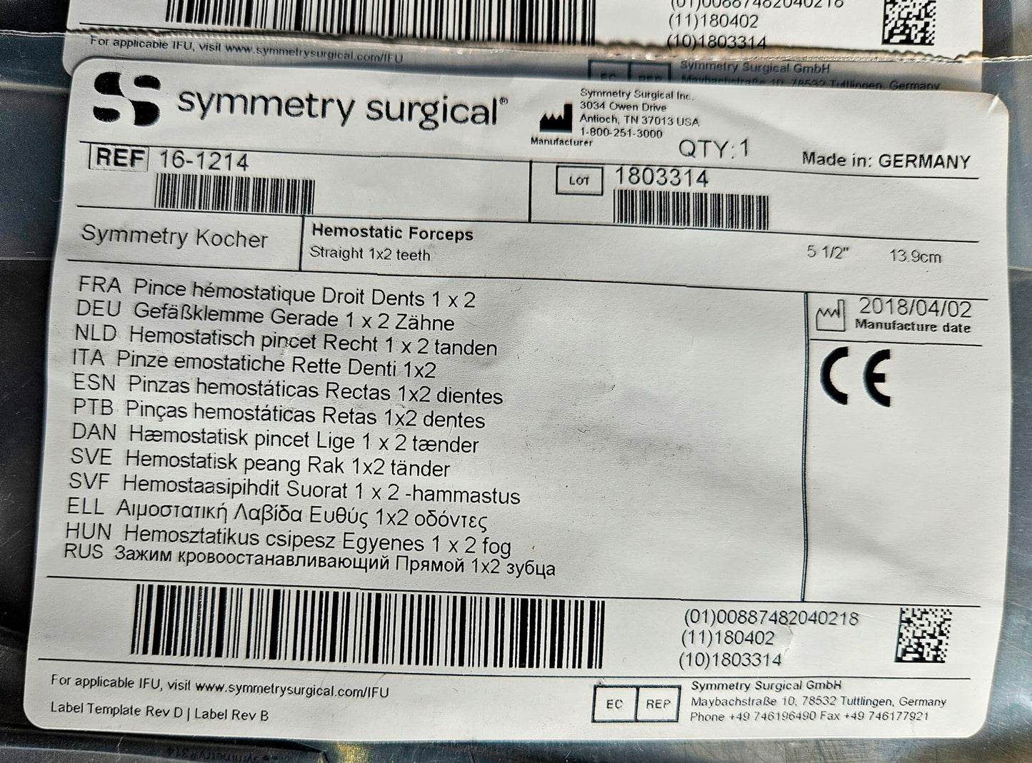 NEW SYMMETRY SURGICAL KOSHER HEMOSTATIC FORCEPS STRAIGHT 1 X 2 TEETH FREE SHIP