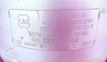 ALLOY PRODUCTS 9LITER WIDE MOUTH OPENING ST STEEL PRESSURE VESSEL 90-DAY-WARRANT