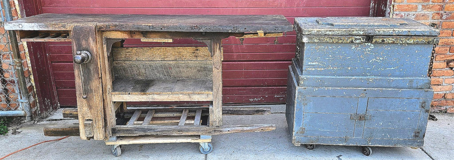 VINTAGE RUSTIC PINE CARPENTER WORKBENCH w IRON VICE CLAMP & STORAGE TRUNK TOOLS
