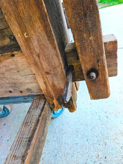 VINTAGE RUSTIC PINE CARPENTER WORKBENCH w IRON VICE CLAMP & STORAGE TRUNK TOOLS