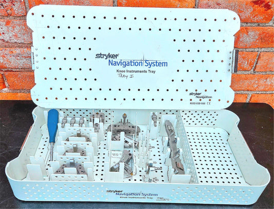 STRYKER 6003-039-000 SURGICAL NAVIGATION STERILIZING TRAY & 14 KNEE INSTRUMENTS
