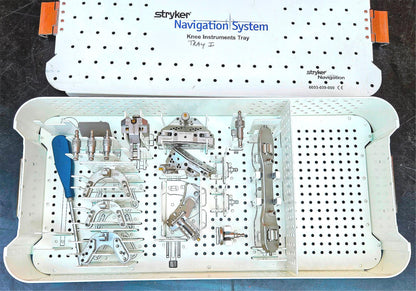 STRYKER 6003-039-000 SURGICAL NAVIGATION STERILIZING TRAY & 14 KNEE INSTRUMENTS