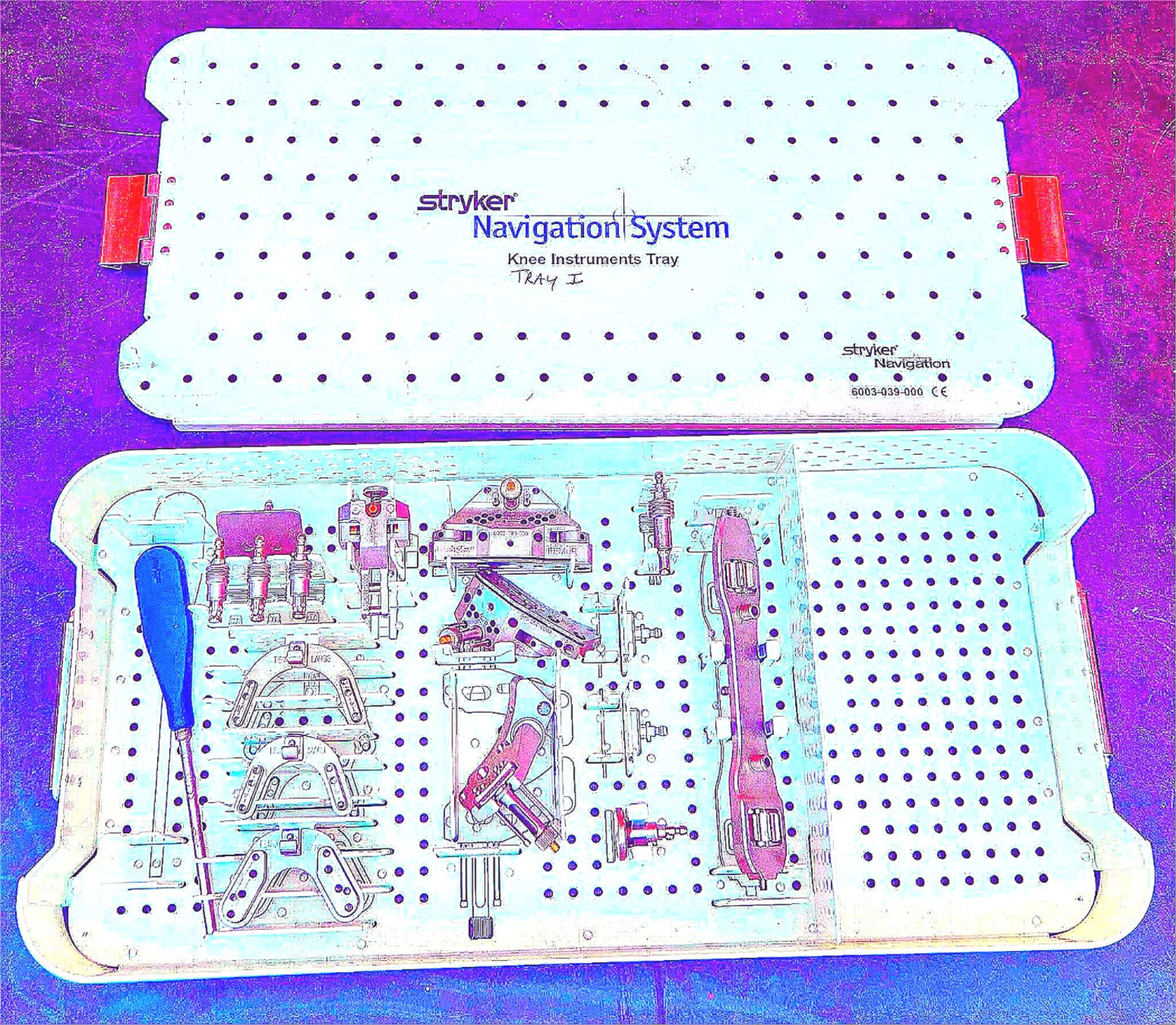 STRYKER 6003-039-000 SURGICAL NAVIGATION STERILIZING TRAY & 14 KNEE INSTRUMENTS