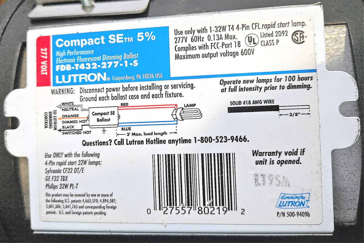 WARRANTY LUTRON FDB-T432-277-1-S ELECTRONIC FLUORESCENT DIMMING BALLAST FREESHIP