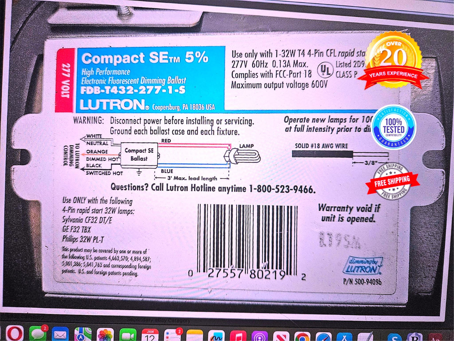 WARRANTY LUTRON FDB-T432-277-1-S ELECTRONIC FLUORESCENT DIMMING BALLAST FREESHIP