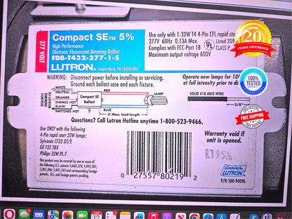 WARRANTY LUTRON FDB-T432-277-1-S ELECTRONIC FLUORESCENT DIMMING BALLAST FREESHIP