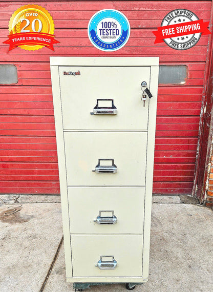 32"x22"x53" FIRE KING FIREPROOF R-3691 4 DRAWER FILE CABINET & KEYS WATCH VIDEO