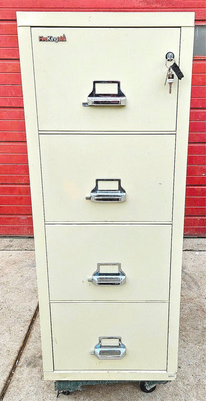 32"x22"x53" FIRE KING FIREPROOF R-3691 4 DRAWER FILE CABINET & KEYS WATCH VIDEO