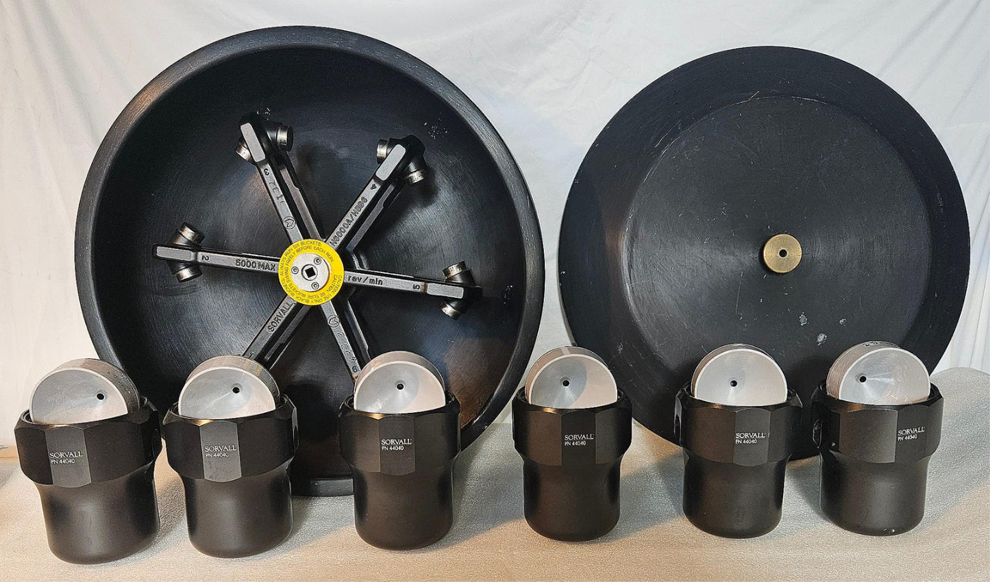 WARRANTY SORVALL H6000A  ROTOR SIX 44040 BUCKETS CONICAL BOTTLE ADAPTER LID RC 3