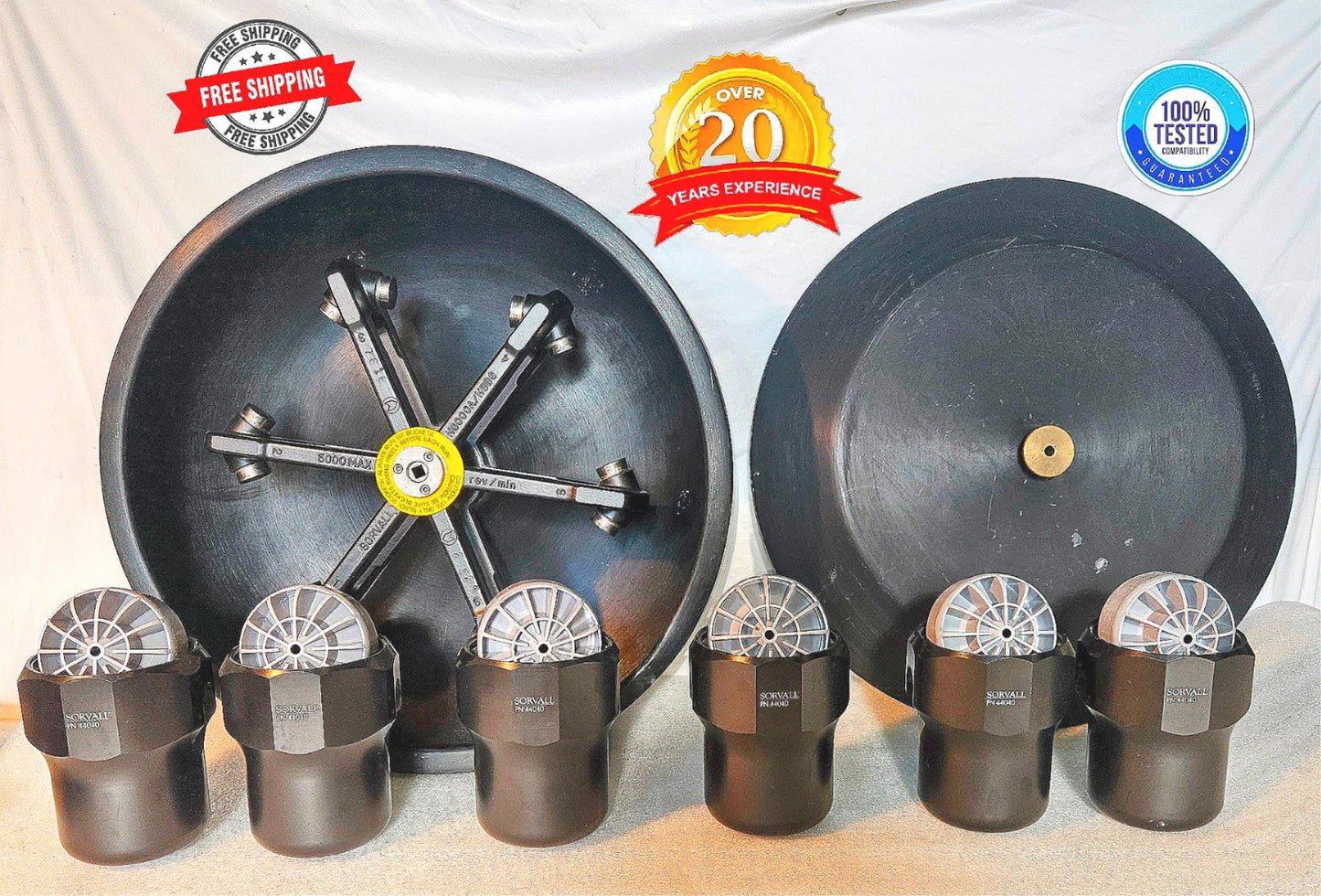 WARRANTY SORVALL H6000A  ROTOR SIX 44040 BUCKETS CONICAL BOTTLE ADAPTER LID RC 3