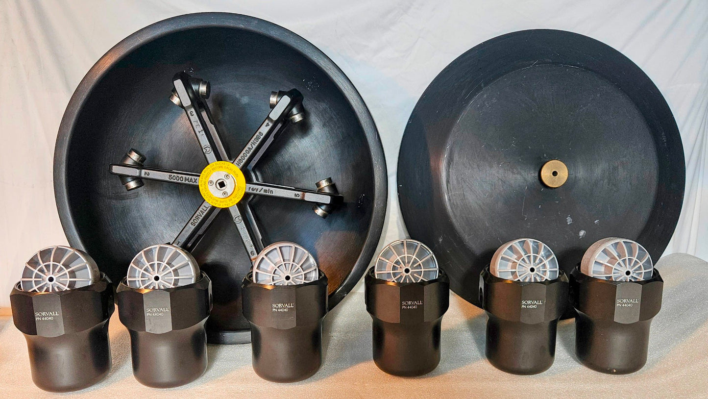 WARRANTY SORVALL H6000A  ROTOR SIX 44040 BUCKETS CONICAL BOTTLE ADAPTER LID RC 3