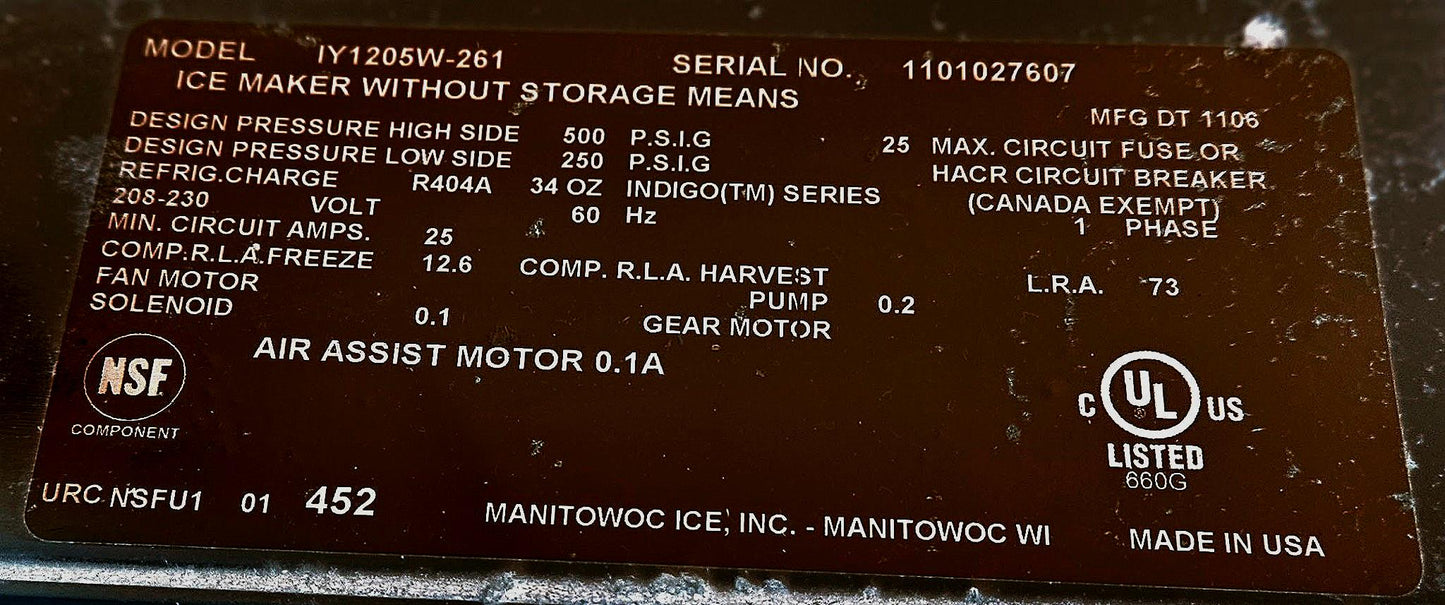 WARRANTY MANITOWOC® IY1205W-261 INDIGO WATERCOOL 560lbs HALFDICECUBE ICE MACHINE