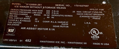 WARRANTY MANITOWOC® IY1205W-261 INDIGO WATERCOOL 560lbs HALFDICECUBE ICE MACHINE