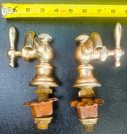 VINTAGE MULLER PORCELAIN HOT COLD BRASS FAUCET PAIR SET 1920-1940s FREE SHIPPING