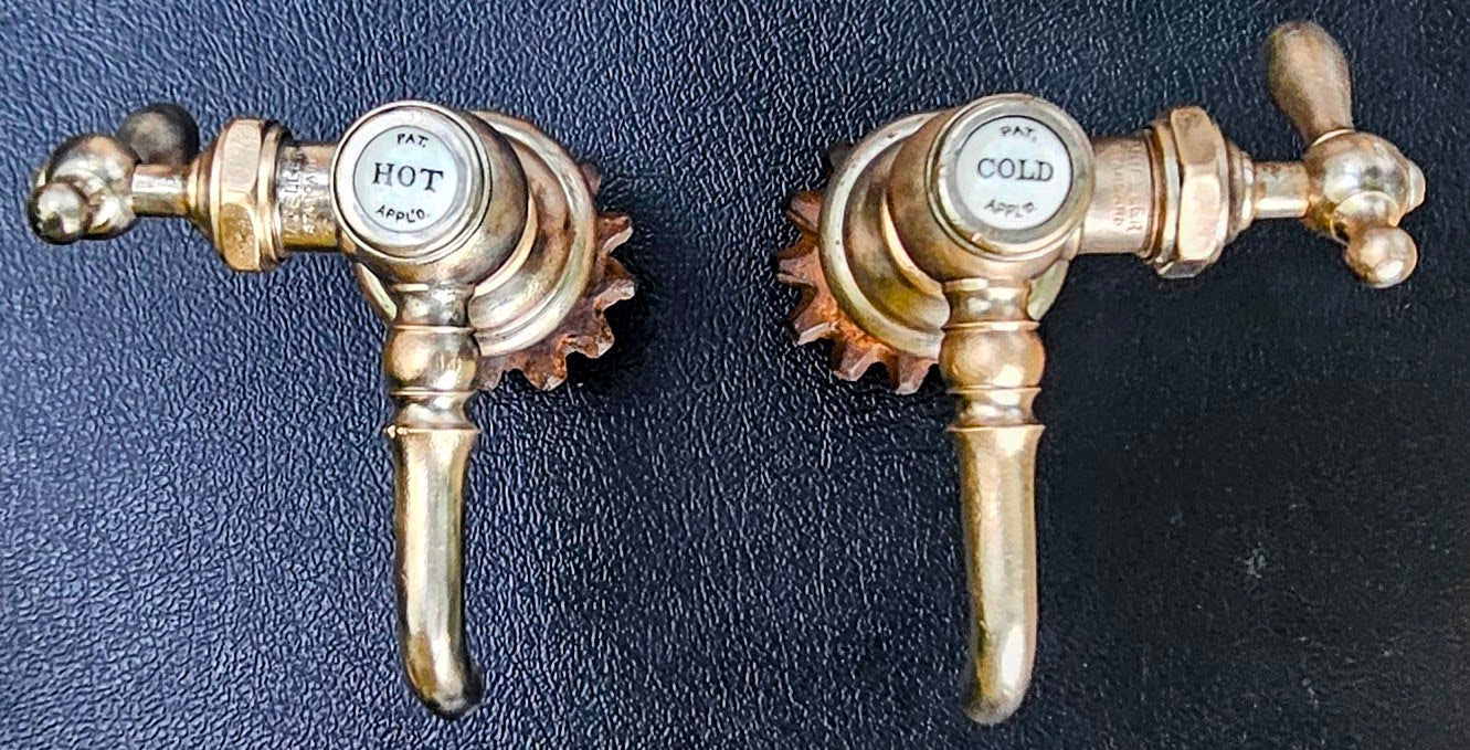 VINTAGE MULLER PORCELAIN HOT COLD BRASS FAUCET PAIR SET 1920-1940s FREE SHIPPING