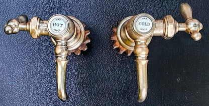 VINTAGE MULLER PORCELAIN HOT COLD BRASS FAUCET PAIR SET 1920-1940s FREE SHIPPING