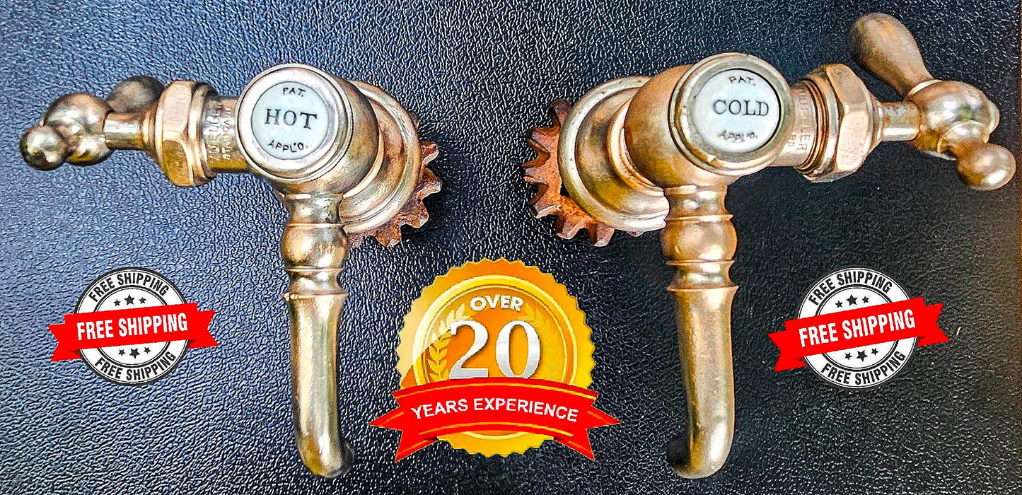 VINTAGE MULLER PORCELAIN HOT COLD BRASS FAUCET PAIR SET 1920-1940s FREE SHIPPING