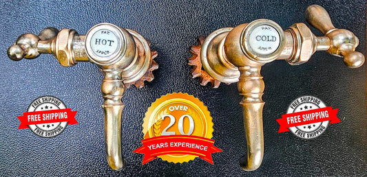 VINTAGE MULLER PORCELAIN HOT COLD BRASS FAUCET PAIR SET 1920-1940s FREE SHIPPING