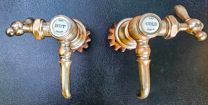 VINTAGE MULLER PORCELAIN HOT COLD BRASS FAUCET PAIR SET 1920-1940s FREE SHIPPING