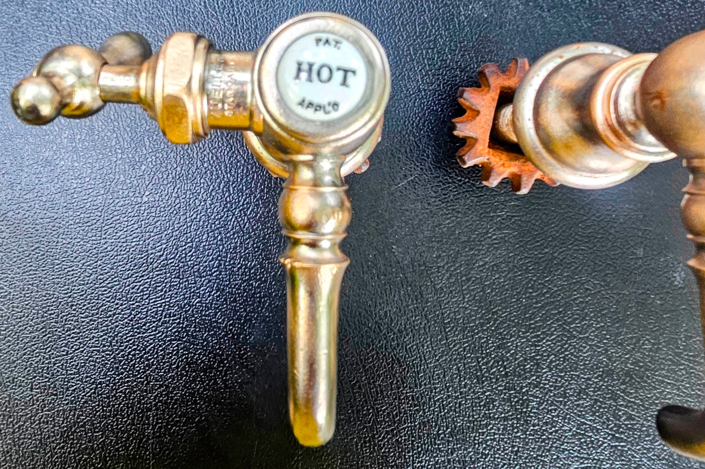 VINTAGE MULLER PORCELAIN HOT COLD BRASS FAUCET PAIR SET 1920-1940s FREE SHIPPING