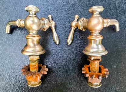 VINTAGE MULLER PORCELAIN HOT COLD BRASS FAUCET PAIR SET 1920-1940s FREE SHIPPING