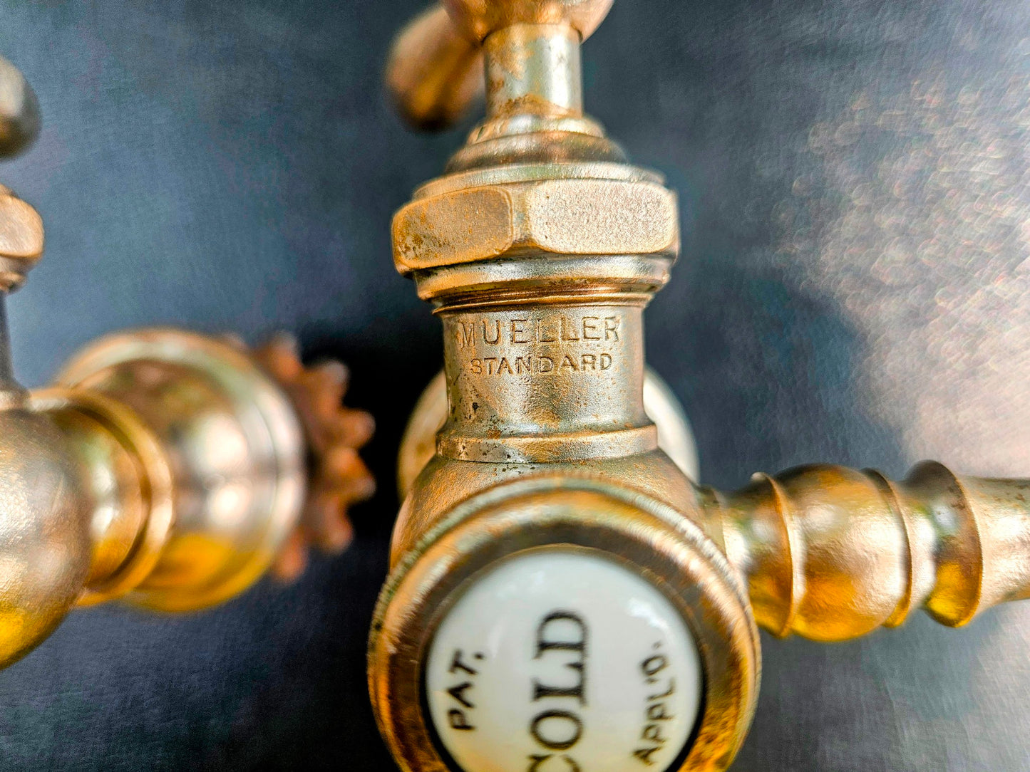 VINTAGE MULLER PORCELAIN HOT COLD BRASS FAUCET PAIR SET 1920-1940s FREE SHIPPING