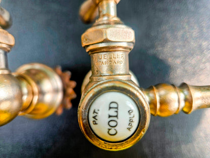 VINTAGE MULLER PORCELAIN HOT COLD BRASS FAUCET PAIR SET 1920-1940s FREE SHIPPING