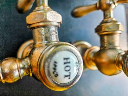 VINTAGE MULLER PORCELAIN HOT COLD BRASS FAUCET PAIR SET 1920-1940s FREE SHIPPING