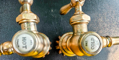 VINTAGE MULLER PORCELAIN HOT COLD BRASS FAUCET PAIR SET 1920-1940s FREE SHIPPING