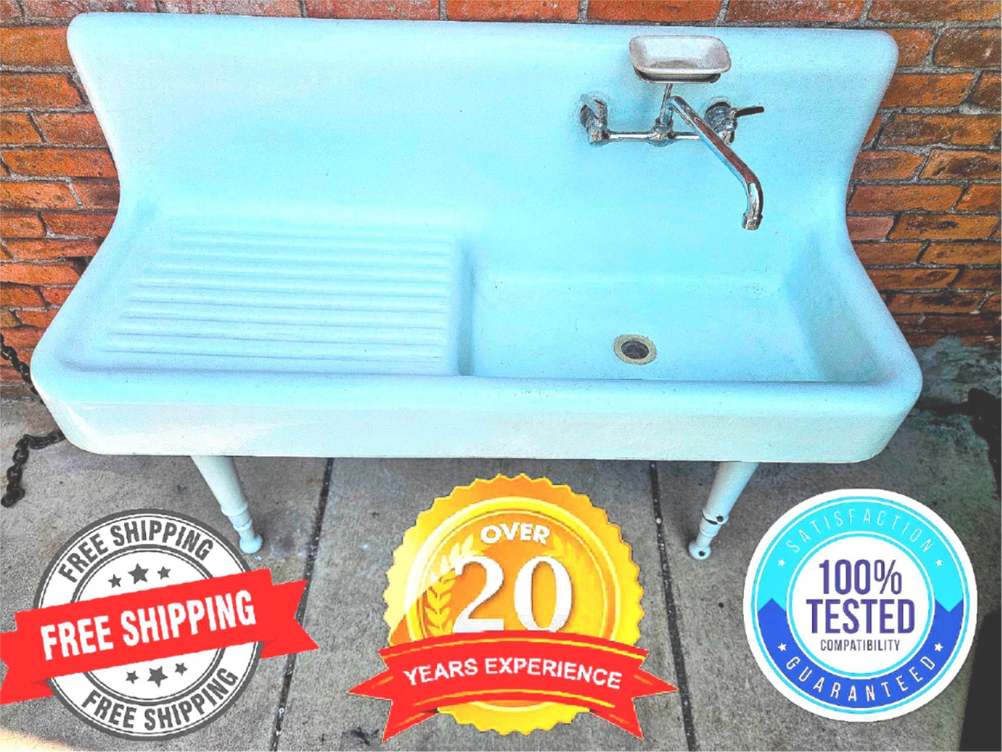 20's RECLAIMED 52"x42"x19" CAST IRON FARM PEG-LEG PEDESTAL FAUCET SINK FREE SHIP