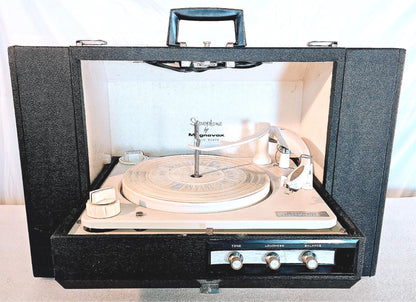 100% MAGNAVOX STEREOPHONIC MICROMATIC PORTABL TURNTABLE RECORD PLAYER WATCHVIDEO