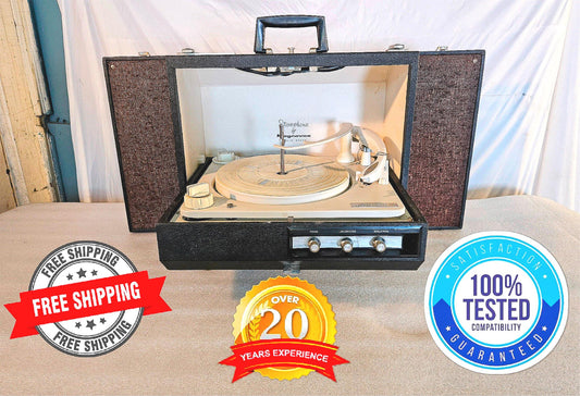 100% MAGNAVOX STEREOPHONIC MICROMATIC PORTABL TURNTABLE RECORD PLAYER WATCHVIDEO