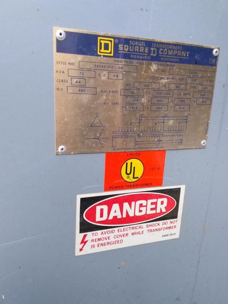 SQUARE D CAT75T3H DRY TYPE 3PH INSULATED 75KVA TRANSFORMER STYLE 34349-17212-041