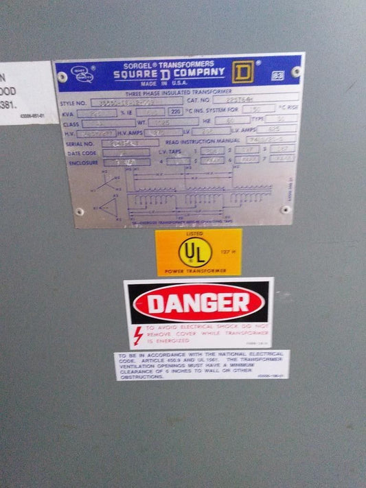 SQUARE D CAT225T64H DRY 3PH INSULATED 225KVA TRANSFORMER STYLE 35550-16412-009