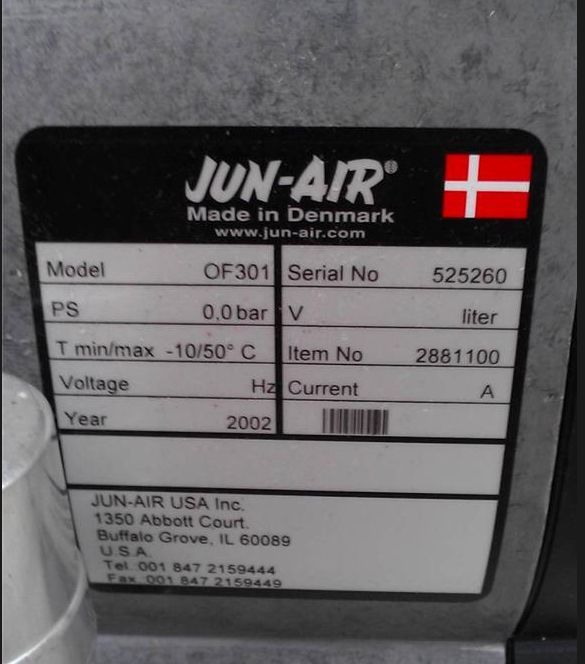 JUN-AIR OF301 AIR DENTAL LAB COMPRESSOR MANUAL DENMARK Made MAC VALVE 113P-121JJ