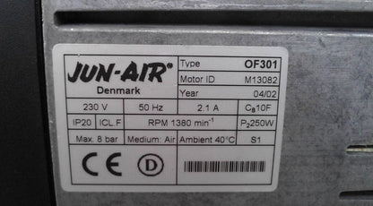 JUN-AIR OF301 AIR DENTAL LAB COMPRESSOR MANUAL DENMARK Made MAC VALVE 113P-121JJ
