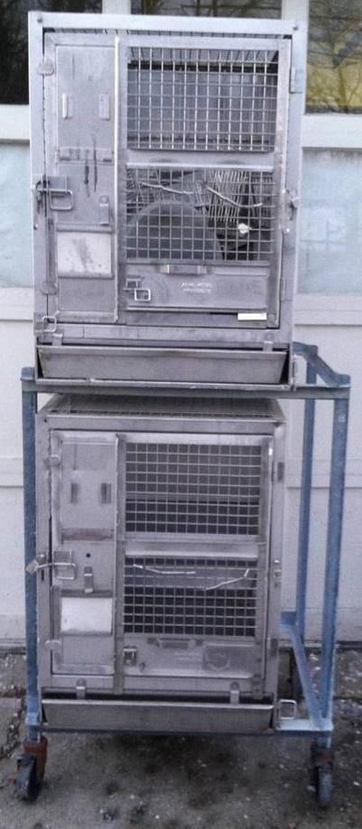 TWO ACME STAINLESS STEEL METAL ANIMAL CAGE CAGES RACK on WHEELS LAB VETERINARY