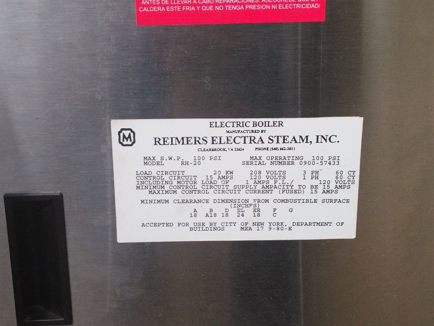 REIMERS ELECTRA STEAM ELECTRIC BOILER STEAMER MODEL RH-20