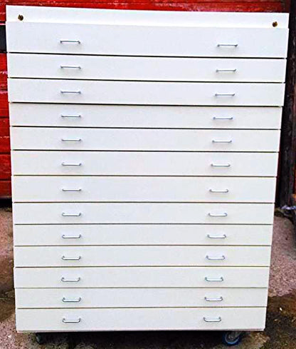 13 DRAWER WOODEN MAP FILE WHITE FORMICA BLUEPRINT ART SUPPLY CABINET WHEEL 44x22