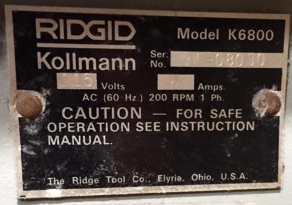 RIDGID KOLLMAN K6800 POWER DRAIN MAIN LINE DRUM SNAKE CLEANER 60 Foot Cable 3/4"