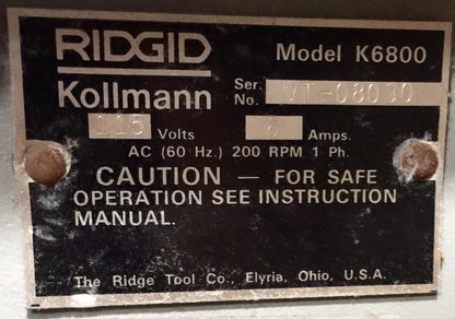 RIDGID KOLLMAN K6800 POWER DRAIN MAIN LINE DRUM SNAKE CLEANER 60 Foot Cable 3/4"