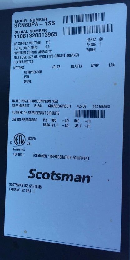 SCOTSMAN SCN60PA-1SS BRILLIANCE NUGGET ICE MAKER 15" Undercounter Ice Machine