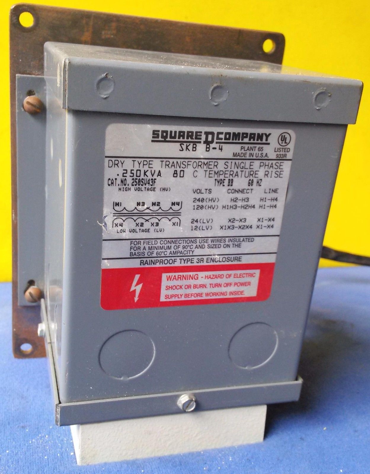 SQUARE D COMPANY 250SV43F SKB B-4 DRY TYPE TRANSFORMER SINGLE PHASE .250KVA 60HZ