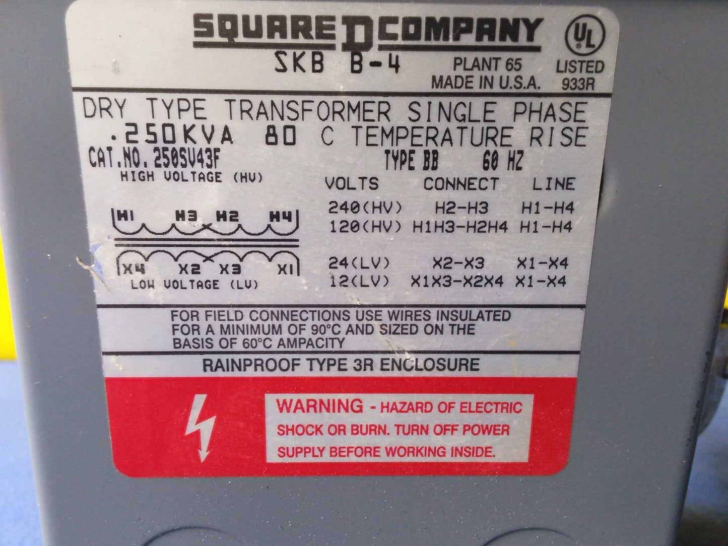 SQUARE D COMPANY 250SV43F SKB B-4 DRY TYPE TRANSFORMER SINGLE PHASE .250KVA 60HZ