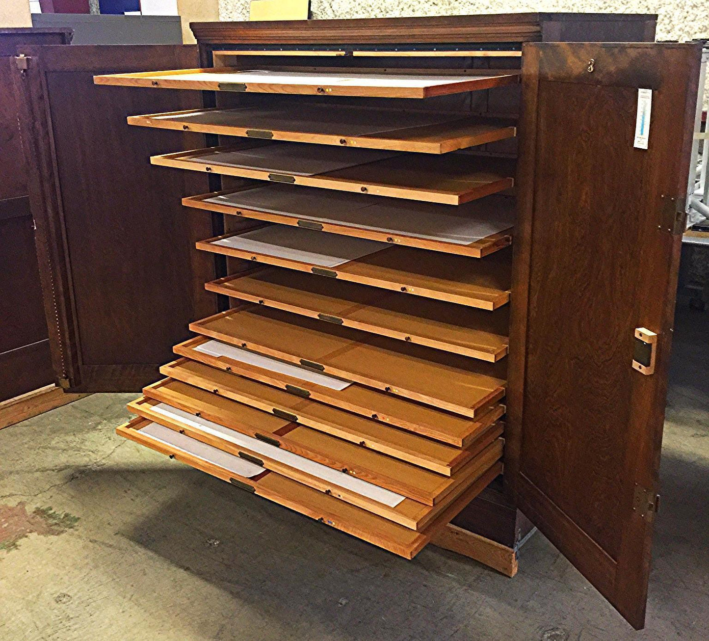 Vintage RARE SOLID OAK MAP FILE w DOORS BRASS FIXTURES 32 DEEP x 42 WID x 58 HI