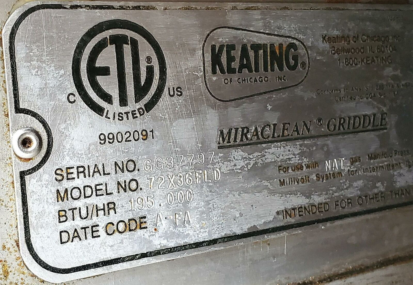 TOP-OF-THE-LINE KEATING MIRACLEAN 72x36FLD GAS GRIDDLE WHEELS WARRANTY FREE SHIP