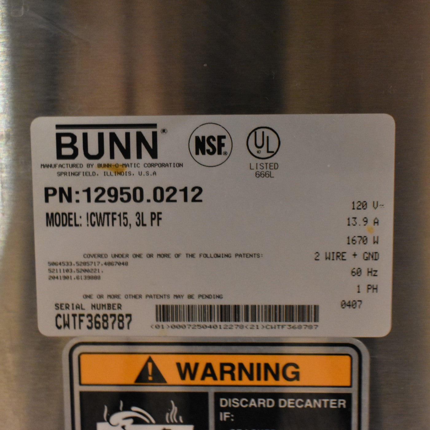 BUNN-O-MATIC 3 WARMER POUR OVER COFFEE BREWER MODEL CWTF15 w/SPOUT FREE SHIPPING