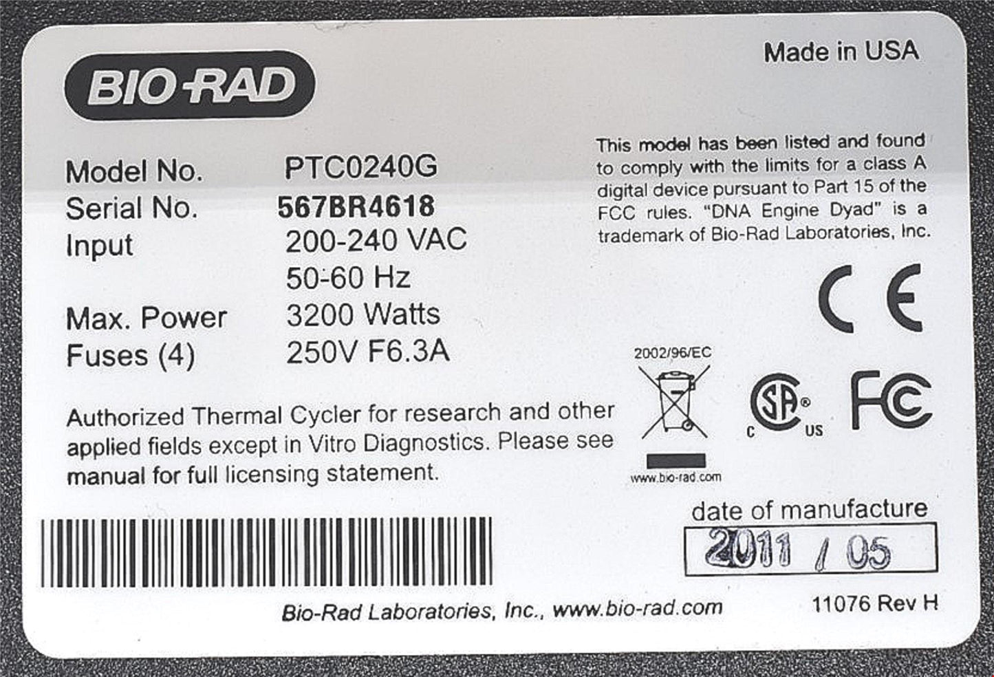 BIORAD PTC0240C TETRAD2 PELTIER PROGRAMMABLE 96WELL THERMAL CYCLER 4 ALPHA BLOCK