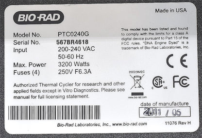 BIORAD PTC0240C TETRAD2 PELTIER PROGRAMMABLE 96WELL THERMAL CYCLER 4 ALPHA BLOCK